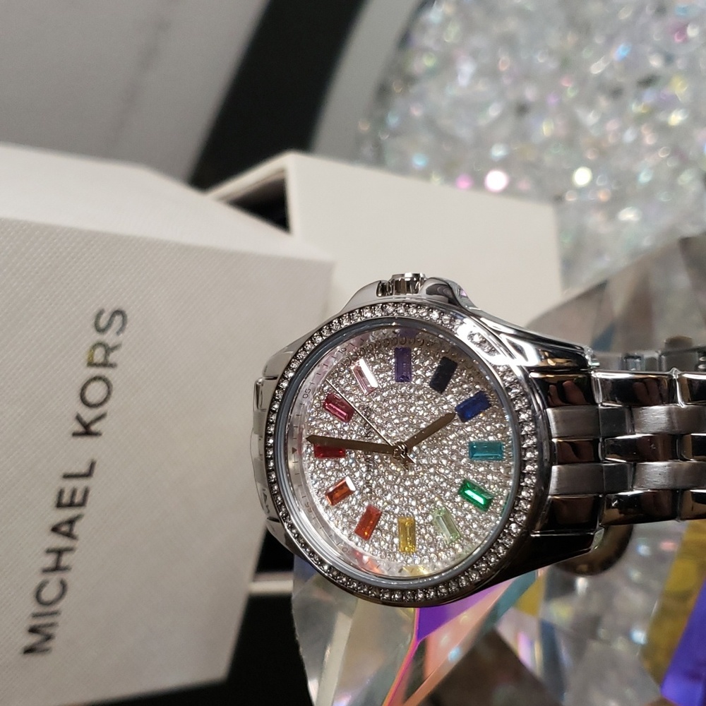 SOLD!! Authentic Michael Kors Mini Pilot Baguette Rainbow Pavé Silver-Tone Watch